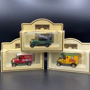 3 Vintage Lledo Promotional Diecast Models, Zebra Grate Polish, Raleigh Cycles, Golden Shed