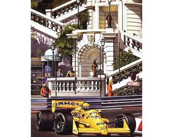 Vintage Limited Edition Print of Victory at Monaco in 1987 Ayrton Senna "Mediterranean Sundance" By Simon Owen