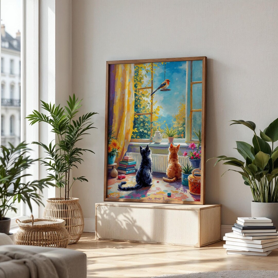 Whimsical Cat Painting | Two Cats and Bird by the Window Wall Art ...