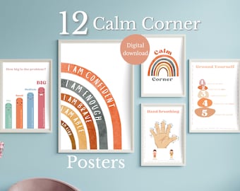 Calming corner poster Classroom Boho Calm Down corner Printable Feelings Chart Bundle Print Self Regulation for Kids Educational