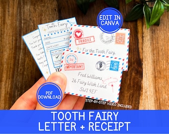 Tooth Fairy Letter Printable Tooth fairy receipt with envelope Tooth fairy letter first tooth certificate Editable tooth fairy set in Canva