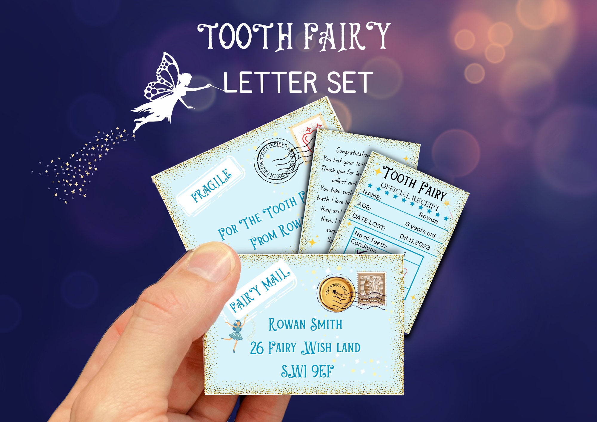Tooth Fairy Letter Printable Tooth fairy receipt with envelope Tooth fairy letter first tooth certificate Editable tooth fairy set in Canva