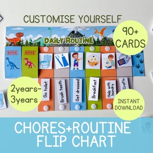 May include: A colourful printable daily routine chart for toddlers and preschoolers. The chart features a dinosaur theme with images of activities like going to the toilet, brushing teeth, getting dressed, breakfast, helping with laundry, and crafts. The chart is designed for children aged 2-3 years old and includes 90+ cards.