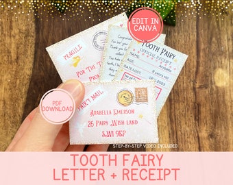 Tooth Fairy Letter Printable Tooth fairy receipt with envelope Tooth fairy letter first tooth certificate Editable tooth fairy set in Canva