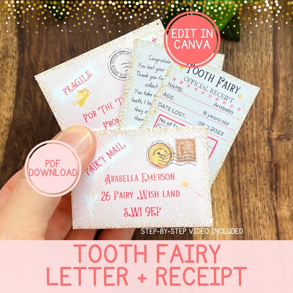 Tooth Fairy Letter Printable Tooth fairy receipt with envelope Tooth fairy letter first tooth certificate Editable tooth fairy set in Canva