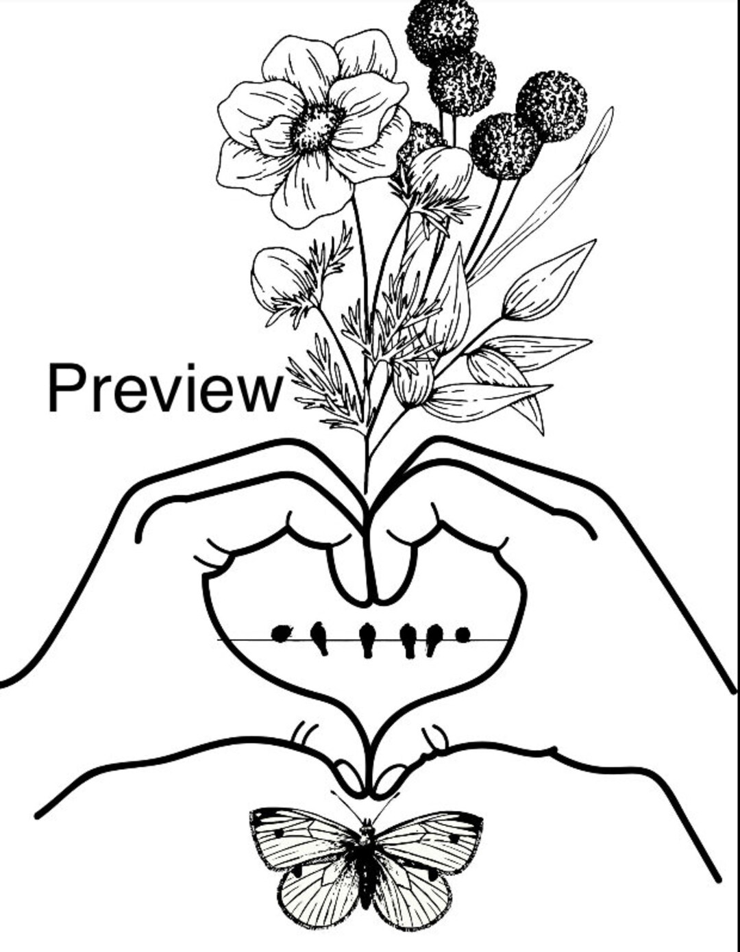 Floral Coloring Page Heart Hands Coloring Page Butterfly Etsy