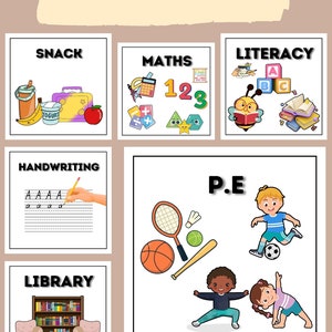 Pode incluir: Um horário visual para crianças com ilustrações coloridas para cada assunto: Lanche, Matemática, Alfabetização, Escrita, Educação Física e Biblioteca.