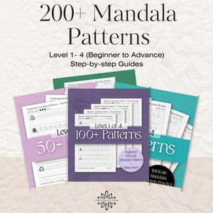 May include: A set of four purple and white workbooks with the title "200+ Mandala Patterns" and "Level 1 of 4 100+ Patterns". The workbooks contain step-by-step guides for drawing mandalas, with different levels of difficulty.