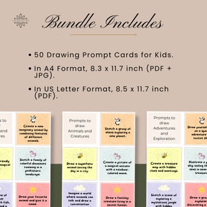 May include: A set of 50 printable drawing prompt cards for kids. The cards feature colorful illustrations of animals, aliens, and fantasy creatures. The cards are designed to inspire creativity and imagination in children. The cards are available in two sizes: 8.3 x 11.7 inches (A4) and 8.5 x 11.7 inches (US Letter).