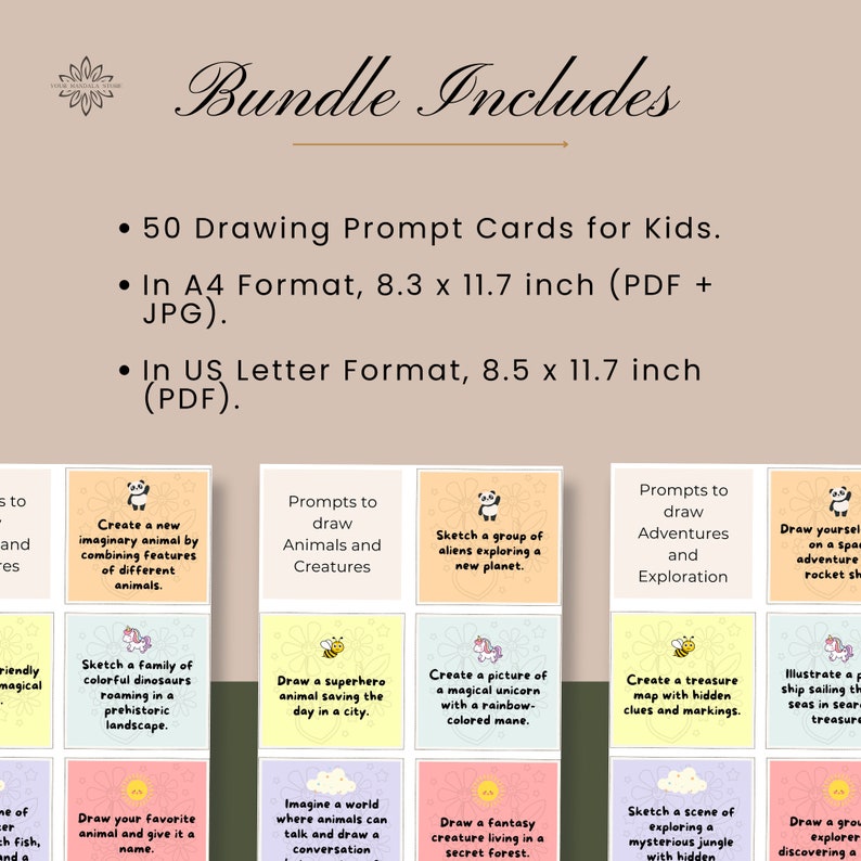 May include: A set of 50 printable drawing prompt cards for kids. The cards feature colorful illustrations of animals, aliens, and fantasy creatures. The cards are designed to inspire creativity and imagination in children. The cards are available in two sizes: 8.3 x 11.7 inches (A4) and 8.5 x 11.7 inches (US Letter).