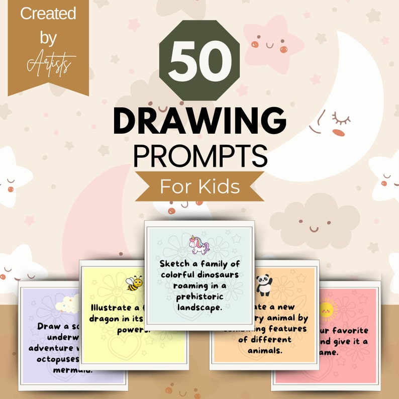 May include: 50 drawing prompts for kids, illustrated with colorful cards featuring cute cartoon animals and whimsical backgrounds. Each card has a different drawing prompt, such as "Draw a scuba adventure with octopuses and mermaids" or "Illustrate a dragon in its power".