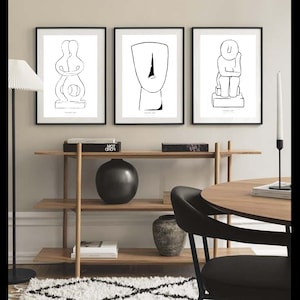 Greek Cycladic Art Black and White. Digital Art Print Set of 3.