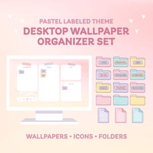 May include: A digital desktop wallpaper organiser set featuring pastel colours, including a computer monitor display with labelled sections, and a collection of matching folder and document icons labelled Work, Personal, Misc, To Do, Finances, Business, Ideas, and Photos.