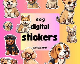 May include: A set of ten digital stickers featuring various dog breeds. The stickers are colorful and feature cartoon-style illustrations of dogs. The text "dog digital stickers" is displayed in large, bold letters at the top of the image. The text "download now" is displayed in smaller letters below the main text.