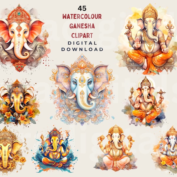 Ganesha Clipart, Lord Ganesh Watercolor Digital Clip Art, Sublimation Wall Art, Mug Designs, Scrapbooking, Stickers, Crafts