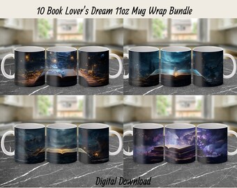 Book Mug Wrap Bundle 3D, 11oz Fantasy mug Sublimation Designs, Digital Download