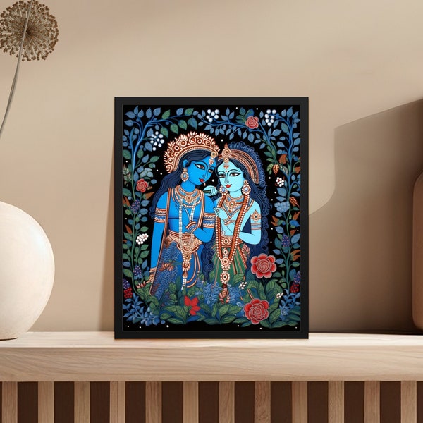 Madhubani Wall Art, Radha Krishna, Bihari Digital Art Print, Indian Hindu Painting, Old Folk Indian Art, Hindu Floral Digital Paintings