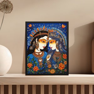 Madhubani Radha Krishna Wall Art, Bihari Digital Art Print, Indian Printable Art, Old Folk Indian Art, Bihar Hindu Digital Paintings