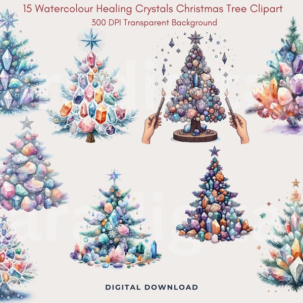 Healing Crystals Christmas Tree Clipart, Holiday Crystal Lover Bundle, Book Scrapping, Mug Designs, Festive Clipart Bundle Digital PNG