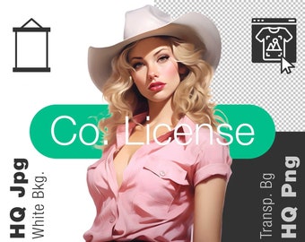 Work & Print File Art Pin Up Girl Cowgirl Style Bust Shot 2 - 300 DPI, 24 in x 36 inches / 61 x 91,5 cm - Printables Transparent Png Clipart