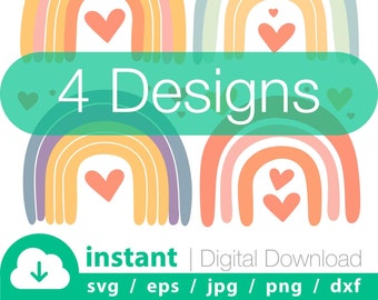 4x Boho Rainbows svg bundle, hand drawn rainbow png, Boho Rainbow with heart, Cricut Cut Svg File, Boho PNG, Rainbow T-shirt Design