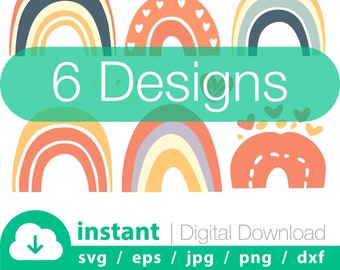 6x Boho Rainbows Heart svg bundle, hand drawn rainbow png, Boho Rainbow with heart, Cricut Cut Svg File, Boho PNG, Rainbow T-shirt Design