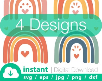 4x Rainbows svg bundle Boho, hand drawn rainbow svg, Boho Rainbow with heart png, Cricut Cut Svg File, Boho PNG, Rainbow T-shirt Design