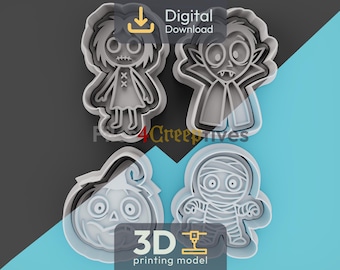 Burtonesque Halloween Cookie Cutter Bundle 3D STL – Digital Download – Doll, Vampire, Pumpkin, Mummy – Fondant, Clay, Play-Dough – 4 Designs