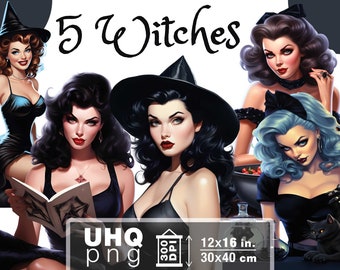 Work & Print - 5 Witches Png Bundle Pin Up Illustrations - 300 DPI, 12 in x 16 inches / 30 x 40 cm - Digital Junk Journal Png Clipart