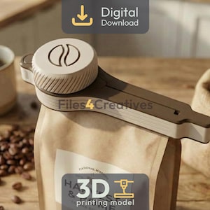 May include: A brown and beige coffee bag clip with a circular top featuring a coffee bean design. The clip is on a brown paper bag of coffee beans. A cup of coffee and a burlap sack of coffee beans are in the background. The image has the text "Digital Download".