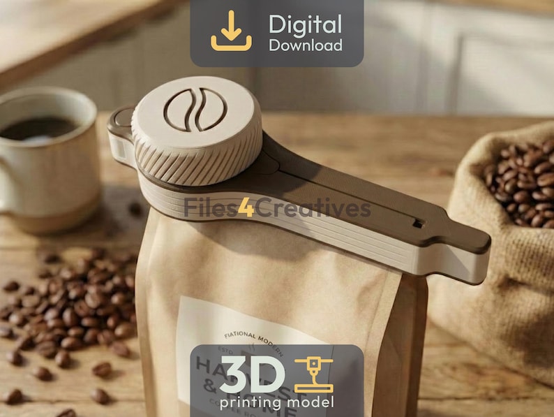 May include: A brown and beige coffee bag clip with a circular top featuring a coffee bean design. The clip is on a brown paper bag of coffee beans. A cup of coffee and a burlap sack of coffee beans are in the background. The image has the text "Digital Download".