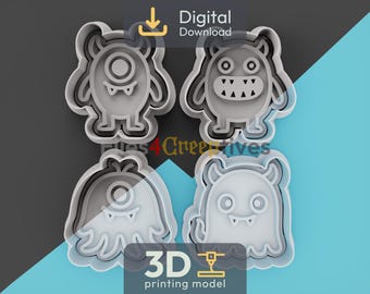 Monster Cuties Cookie Cutter Bundle 3D Printing File – Download – One Eye Big Teeth, Tentacle Blob, Horned Monster – Clay Play-Dough – 4 STL