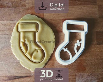 Christmas Stocking Cookie Cutter 3D STL File – Digital Download for 3D Printing – Biscuit Cutter with Embossed Details – 7.4x10.4 cm