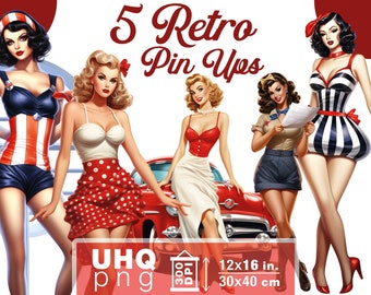 Work & Print - 5 Png Bundle Retro PinUp Girl Full body png - 300 DPI, 12 in x 16 inches / 30 x 40 cm - Printables Transparent Png Clipart