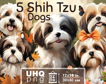 Work & Print - 5 Png Bundle Cute Shih Tzu Dog Paintings - 300 DPI, 12 in x 16 inches / 30 x 40 cm - Printables Transparent Png Clipart