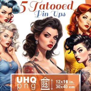 Work & Print - 5 Png Tatooed PinUp Girls png Illustrations - 300 DPI, 12 in x 16 inches / 30 x 40 cm - Printables Transparent Png Clipart
