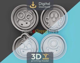 Round Monster Faces Cookie Cutter Bundle 3D STL – Digital Download – Zombie, Ghost, Pumpkin, Cyclops – Fondant, Clay, Play-Dough – 4 Designs