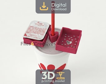 Valentine Heart Sauce & Straw Cup Lid Holder 3D Print STL - Fast Food Car Snack Accessory