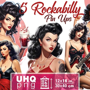 Work & Print - 5 Png Bundle Modern Rockabilly Pin Up Girls - 300 DPI, 12 in x 16 inches / 30 x 40 cm - Printables Transparent Png Clipart