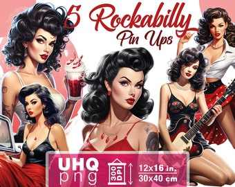 Work & Print - 5 Png Bundle Modern Rockabilly Pin Up Girls - 300 DPI, 12 in x 16 inches / 30 x 40 cm - Printables Transparent Png Clipart