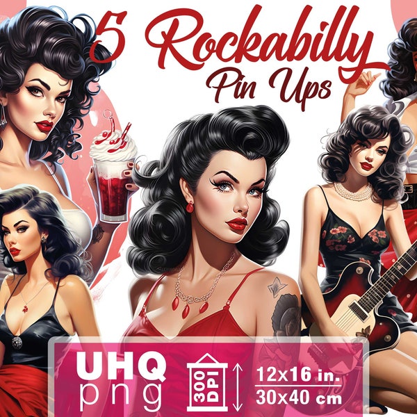 Work & Print - 5 Png Bundle Modern Rockabilly Pin Up Girls - 300 DPI, 12 in x 16 inches / 30 x 40 cm - Imprimibles Png Transparente Clipart