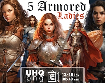 Work & Print - 5 Png Bundle Armored Lady Illustrations - 300 DPI, 12x16in / 30x40cm - Digital Papers Digital Junk Journal Printables Clipart