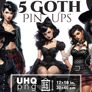 Work & Print - 5 Png Bundle Goth Pin Up Models Illustrations - 300 DPI, 12 in x 16 inches / 30 x 40 cm - Printables Transparent Png Clipart