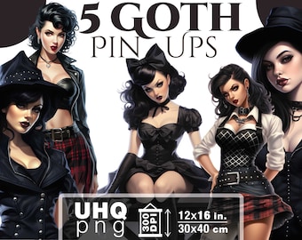 Work & Print - 5 Png Bundle Goth Pin Up Models Illustrations - 300 DPI, 12 in x 16 inches / 30 x 40 cm - Printables Transparent Png Clipart