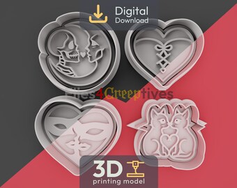 Halloween Midnight Lovers Cookie Cutter Bundle 3D STL – Digital Download – Moonlight Kiss, Corset Heart, Masked Kiss, Cat Lovers – 4 Designs