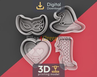 Halloween Enchanted Night Cookie Cutter Set 3D Print STL Digital Download – Garter Charm, Witch Hat, Heart Fangs, Spiderweb Mask – 4 Design