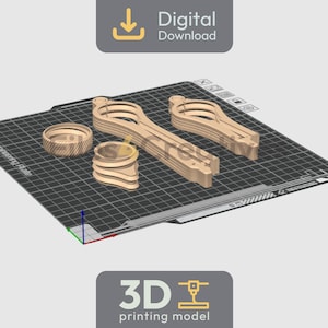 May include: A digital download image featuring 3D-printed wooden objects. The objects include two elongated, curved pieces, and two circular, layered pieces. The image is set against a grid background and includes text indicating a digital download and a 3D printing model.