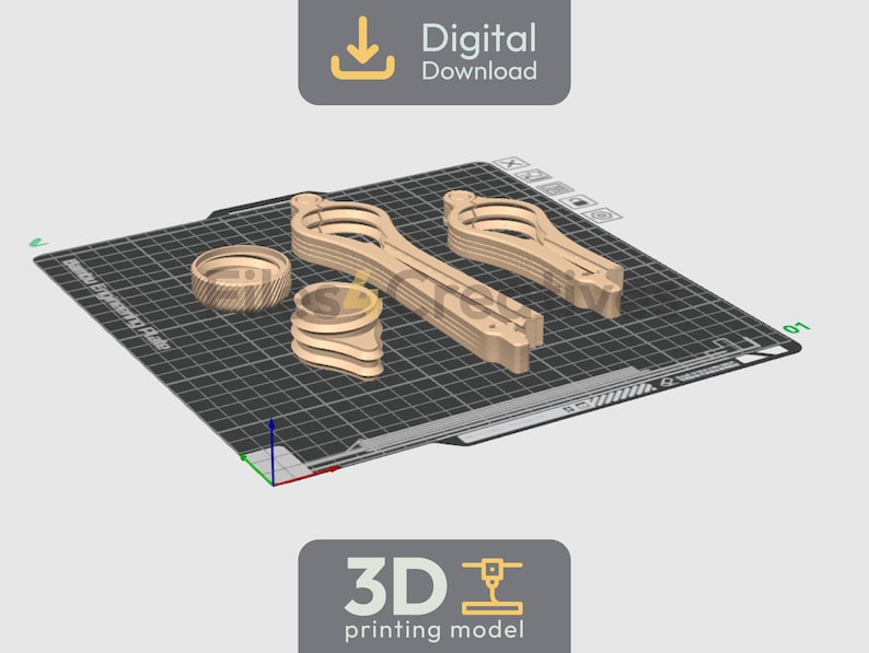May include: A digital download image featuring 3D-printed wooden objects. The objects include two elongated, curved pieces, and two circular, layered pieces. The image is set against a grid background and includes text indicating a digital download and a 3D printing model.