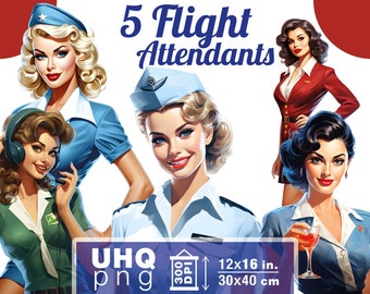 Work & Print - 5 Png Bundle Flight Attendant Pin Up Girls - 300 DPI, 12 in x 16 inches / 30 x 40 cm - Printables Transparent Png Clipart