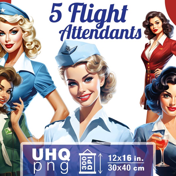 Work & Print - 5 Png Bundle Flight Attendant Pin Up Girls - 300 DPI, 12 in x 16 inches / 30 x 40 cm - Printables Transparent Png Clipart